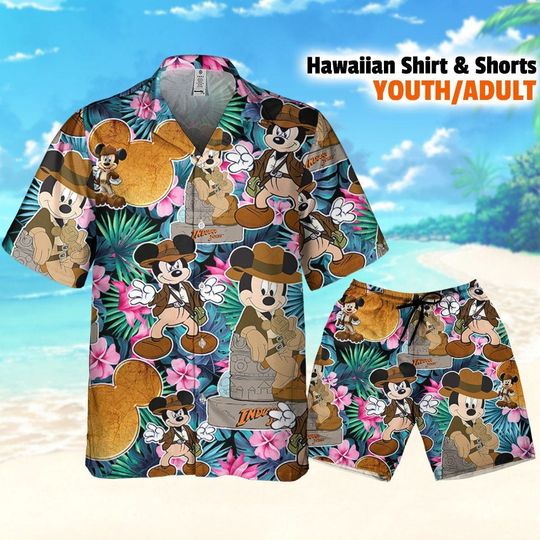 Disney Mickey Summer Tropical Floral Indiana Jones, Mickey Aloha Shirt and short