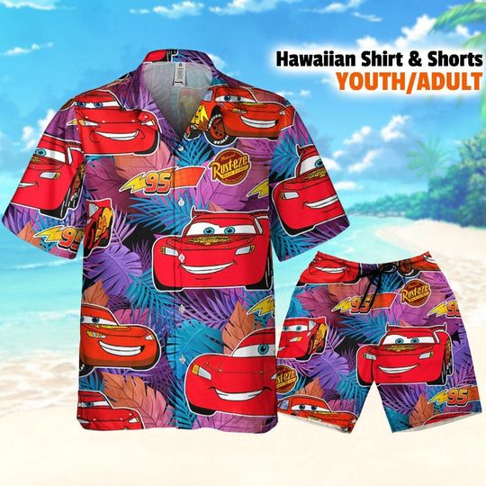 Disney Pixar Cars Lightning McQueen Summer Tropical Paradise, Cars Hawaiian Shirt and short