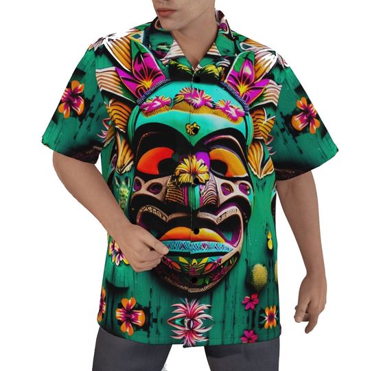 Tiki Mask Shirt Cotton Men's Hawaiian Aloha Retro Button Up Short Sleeve Resort Tropical Bowling Gift