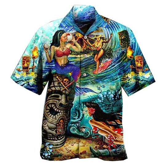 Tiki Hawaiian Shirts for Men - Aloha Tropical Button Down Mens Hawaiian Shirts Short Sleeve Hawaiian Shirt