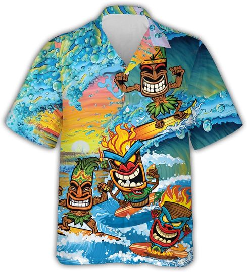 Tiki Tribal Hawaiian Shirts for Men - Tiki Men Button Down Mens Hawaiian Shirts Short Sleeve Luau Beach Shirt