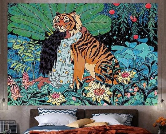 Psychedelic Mysterious Big Tapestry Girl Tiger Tapestry Wall Hanging Cartoons Illustration Home Bedroom Decoration Aesthetic