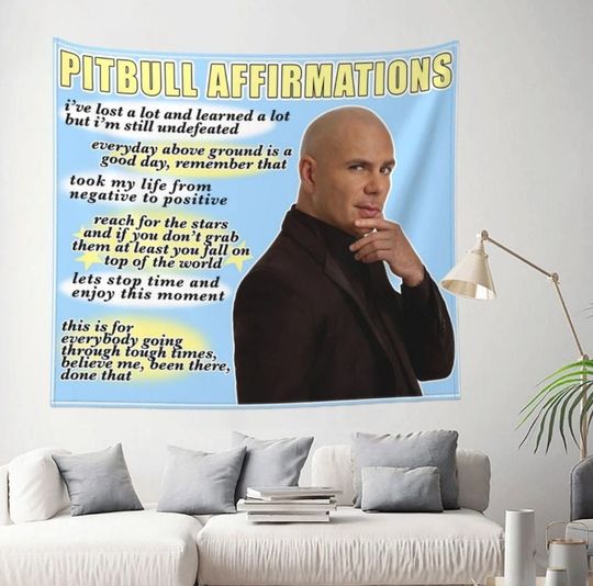 Meme Tapestry Mr. Worldwide Pitbull Affirmations Tapestry Wall Hanging Funny Tapestry Hippie Art