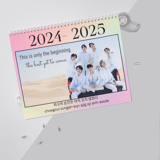BTS 2024 - 2025 Printed Calendar -  18 months with BTS birthdays, military release dates, song quotes & Korean words to learn! New layout!