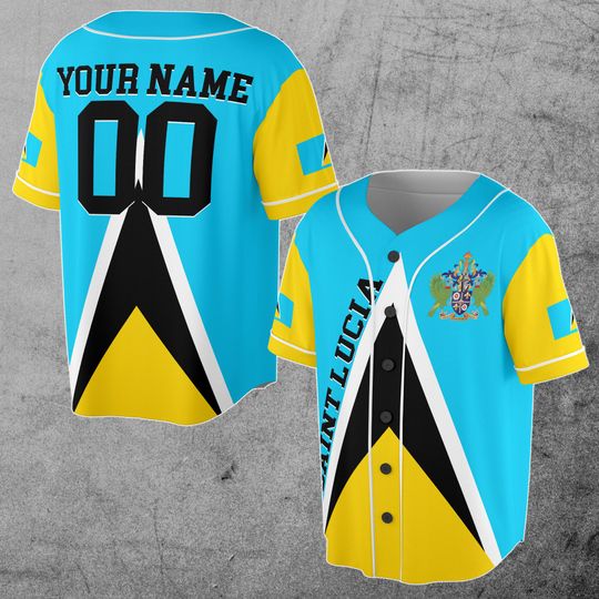 Discover Saint Lucia Flag Coat of Arms Patriotic Customize Name And Number 3D Baseball Jersey