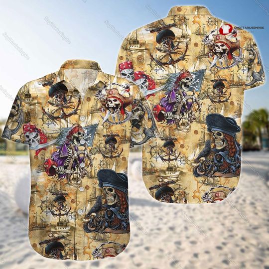 Skull Pirate Hawaiian Shirt, Skull Cruise Button Shirt, Skull Pirate Shirt, Summer Shirt, Beach Shirt, Vacation Shirt, Aloha Shirt