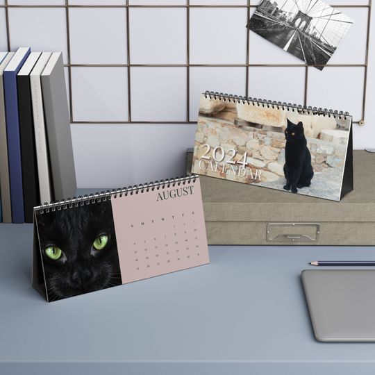 2024 Black Cat Desktop Calendar, Black Cat Gift, Pet Calendar, Feline Themed Gift, Cat Mom, Cat Dad