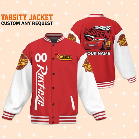 Custom Cars Lightning McQueen Rusteze Varsity Jacket, Adult Varsity Jacket, Disney Jacket, Baseball Team Outfit