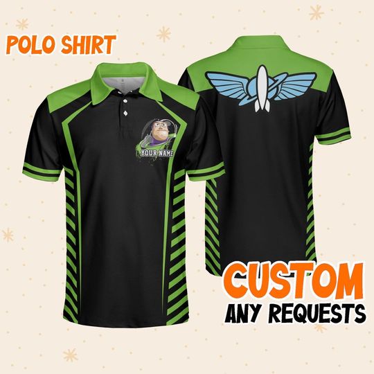 Custom Disney Toy Story Buzz Lightyear Polo Green Stripe, Business Casual Disney Polo Shirt, Birthday Unisex Polo Shirt