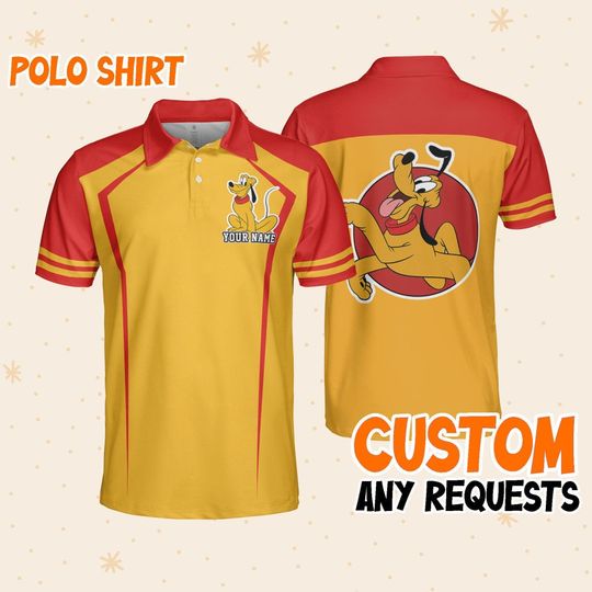 Custom Disney Mickey and Friends Polo Pluto Yellow, Business Casual Disney Polo Shirt, Birthday Unisex Polo Shirt