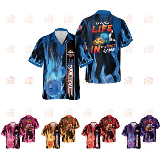 Personalized Bowling Hawaiian Shirt Fire Flame American Flag Custom Bowling Shirt