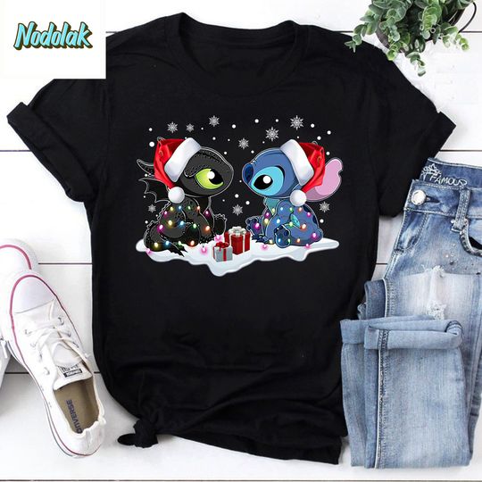 Stitch And Toothless Santa Christmas With Xmas Lights Unisex Sweatshirt Vintage T-Shirt, Merry Christmas Shirt