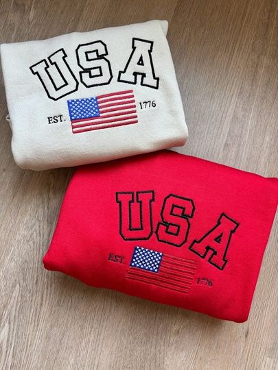 EMBROIDERED USA Flag Sweatshirt, USA Crewneck, Patriotic Sweater, Flag Sweatshirt