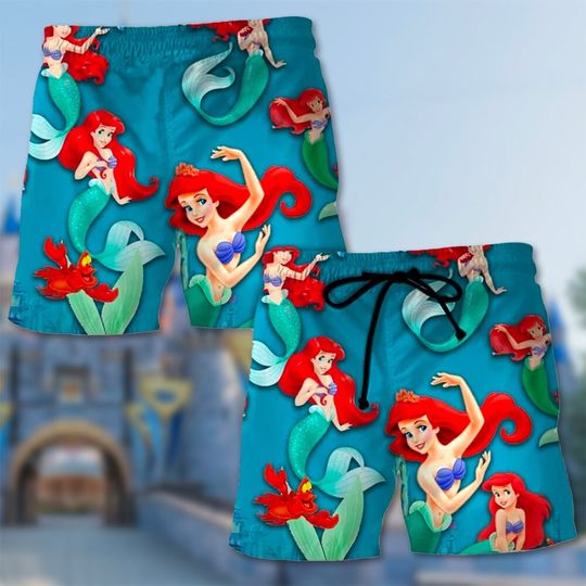 Ariel Princess Hawaiian Short, The Little Mermaid Beach Shorts, Fairy Tale Princess