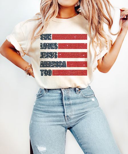 Faux Sequins America Shirt, She Loves Jesus and America Too, 4th Of July Shirt