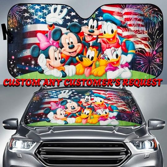 Mouse And Friends US Flag Car Sunshade, Cute Car Sun Shade
