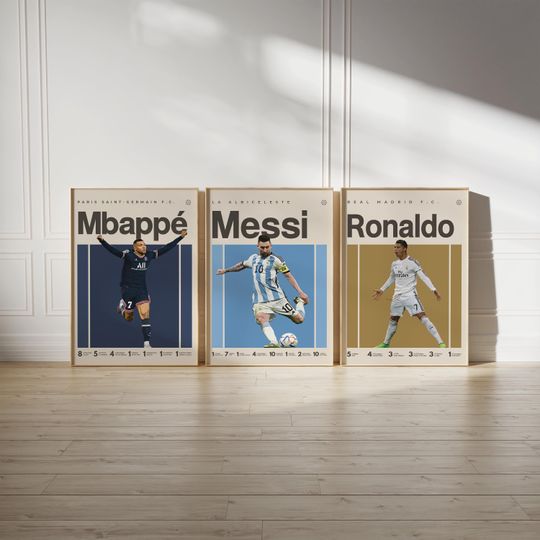 Mbappe Ronaldo Messi Poster Bundler, Soccer Art Print, Football Poster, Mid-Century Modern, Uni Dorm Room