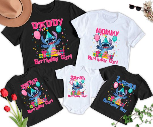 Personalized Stitch Birthday Family Shirt, Blue Dog Monster Birthday Boy Girl Matching Shirt