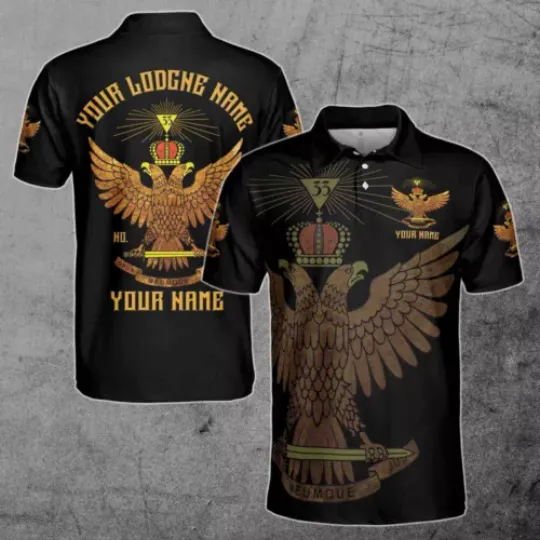 Custom Scottish Rite 33 Degree Eagle Wings Up Masonic Men's Polo Shirt