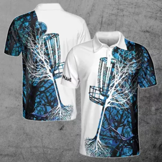 Men Disc Golf Custom Name Blue Camo Disc Golf Basket Men's Polo Shirt