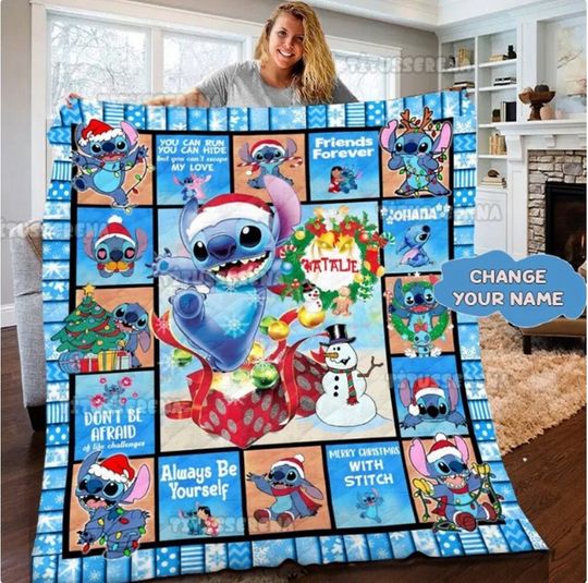 Disney Stitch Blanket, Disney Lilo and Stitch Personalized Quilt Blanket, Christmas Gifts
