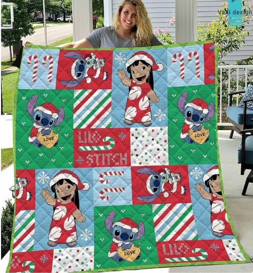 Personalized Stitch Christmas Blanket, Stitch And Angel Quilt Blanket, Chrismtas Gift