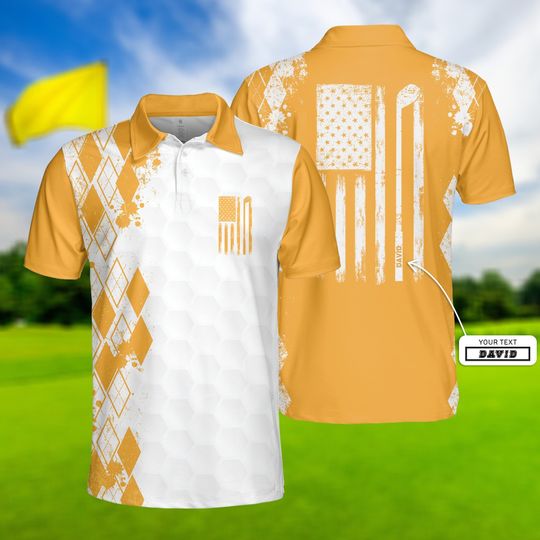 Golf Nation Yellow Golf Polo Shirt, Golf American Flag Shirt, Golf Lover Gift