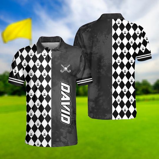 Golf Black And White Argyle Polo Shirt, Golfers Polo Shirt, Best Golf Shirt For Men