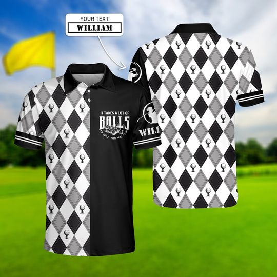 Black And White Argyle Pattern Polo Shirt, Golf Polo Shirt For Men, Gift For Golfers