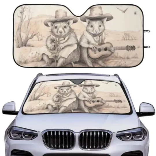 Possums Cowboy Car Auto Sun Shade, Funny Western Opossum Animal Windshield Car