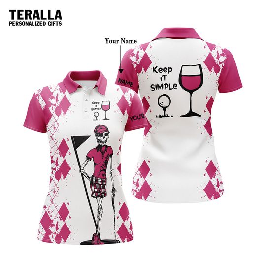 White Pink Womens Golf Shirt Skull Keep It Simple Golf Wine Custom Name Womens Golf Polo Shirt