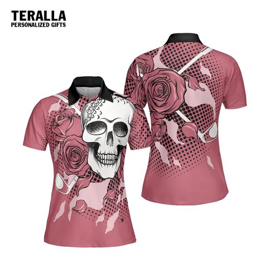 Golf Pink Skull And Rose Short Sleeve Polo Shirt For Women