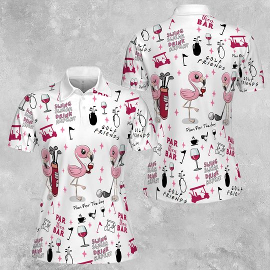 Flamingo Golf And Wine Seamless Funny Women 3D Polo Shirt