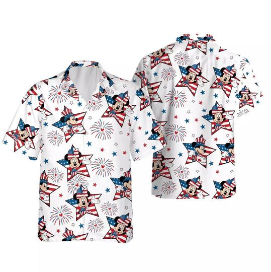 Mickey And Minnie Mouse American Flag Stars Happy 4th of July Hawaiian Shirt
