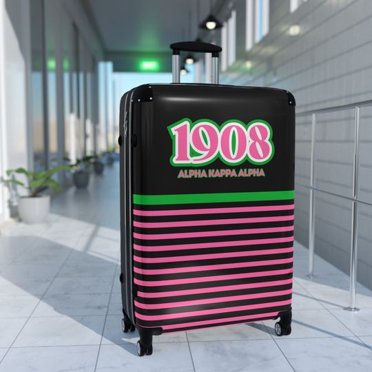 Cute Alpha Kappa Sorority Suitcase - AKA Pink and Green Traveling Soror Luggage with Greek Letters