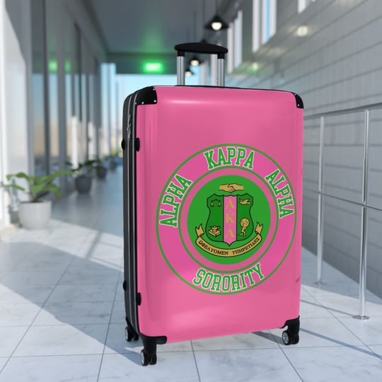 Alpha Kappa Alpha Sorority Suitcase - Pink and Green Traveling Luggage with Greek Letters