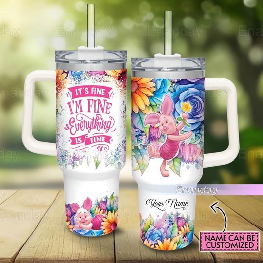 Piglet Tumbler 40oz, Custom It's Fine I'm Fine Tumbler, Piglet Flower Pattern Tumbler, Piglet Stainless Steel Tumbler