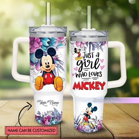 Mickey Mouse Tumbler 40oz, Custom Just A Girl Who Loves Mickey Tumbler, Mickey Mouse Flower Pattern Tumbler