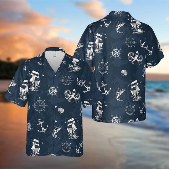 Classic Marine And Nautical Beach Hawaiian Shirt, Nautical Ocean Aloha Shirt