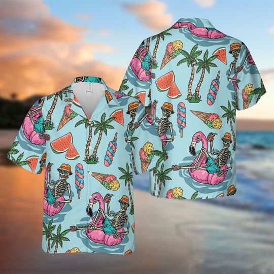 Tourist Skeleton Hawaiian Shirt, Tourist Skeleton On Inflatable Flamingo Summer Trip Hawaii Shirt