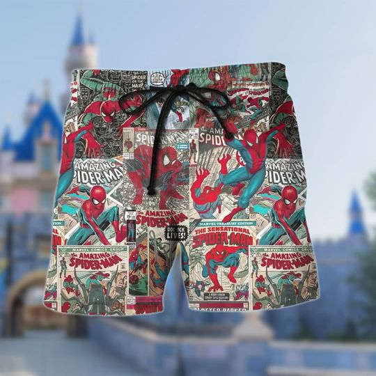 Spider Beach Shorts, Action Movie Beach Shorts, Spider Movie Hawaiian Short
