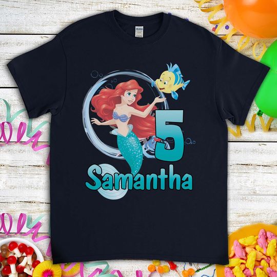 Ariel Little Mermaid Personalized Birthday Gift Tshirt For Son Daughter, Custom Name Family T-shirt