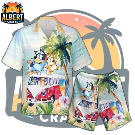 Cartoon Characters Hawaiian Shirt and Shorts Set, PKM Hawaiian Shirt