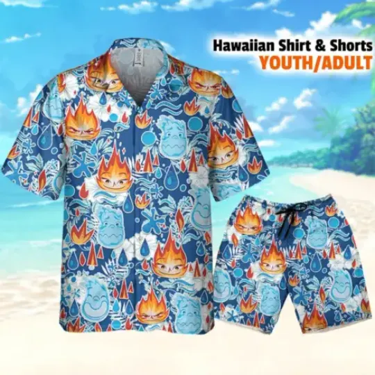 Disney Pixar Seamless Elemental Ember And Wade Summer B Hawaii Shirt Aloha Short