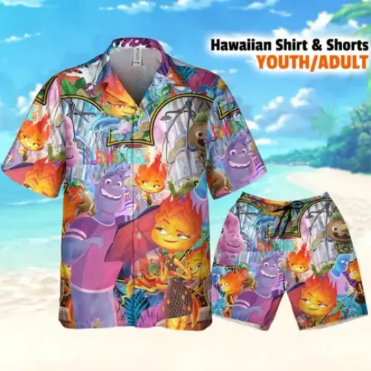 Disney Pixar Elemental Ember And Wade Umbrella Tropical Hawaii Shirt Aloha Short