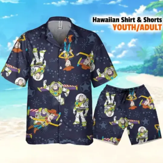 Disney Toy Story Woody And Buzz Lightyear Dark Blue, Hawaii Shirt Aloha Short