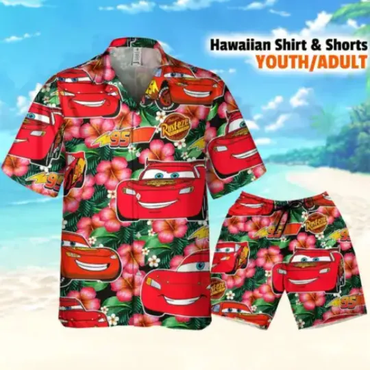 Disney Pixar Cars Lightning McQueen Summer Viber Floral Hawaii Shirt Aloha Short