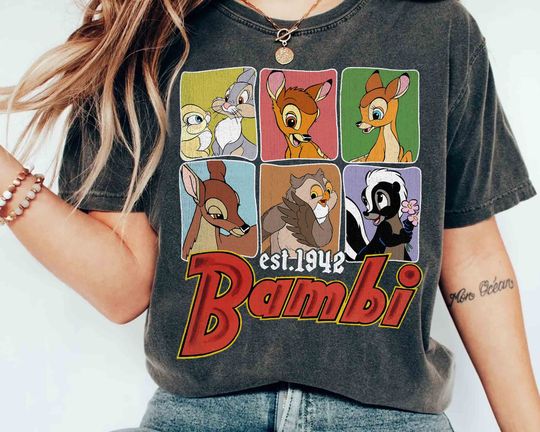 Retro Disney Bambi Characters Group Est. 1942 Shirt, Thumper Flower Mrs. Rabbit Tee