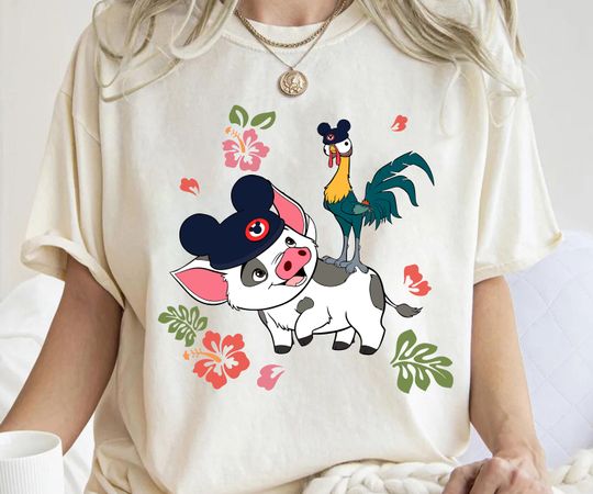 Disney Moana 70s Style Floral Pua Hei Hei With Mickey Hat Shirt