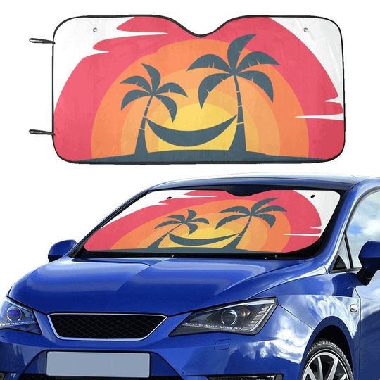 Retro Sunset Windshield Sun Shade, Hammock Island Palm Tree Car Accessories